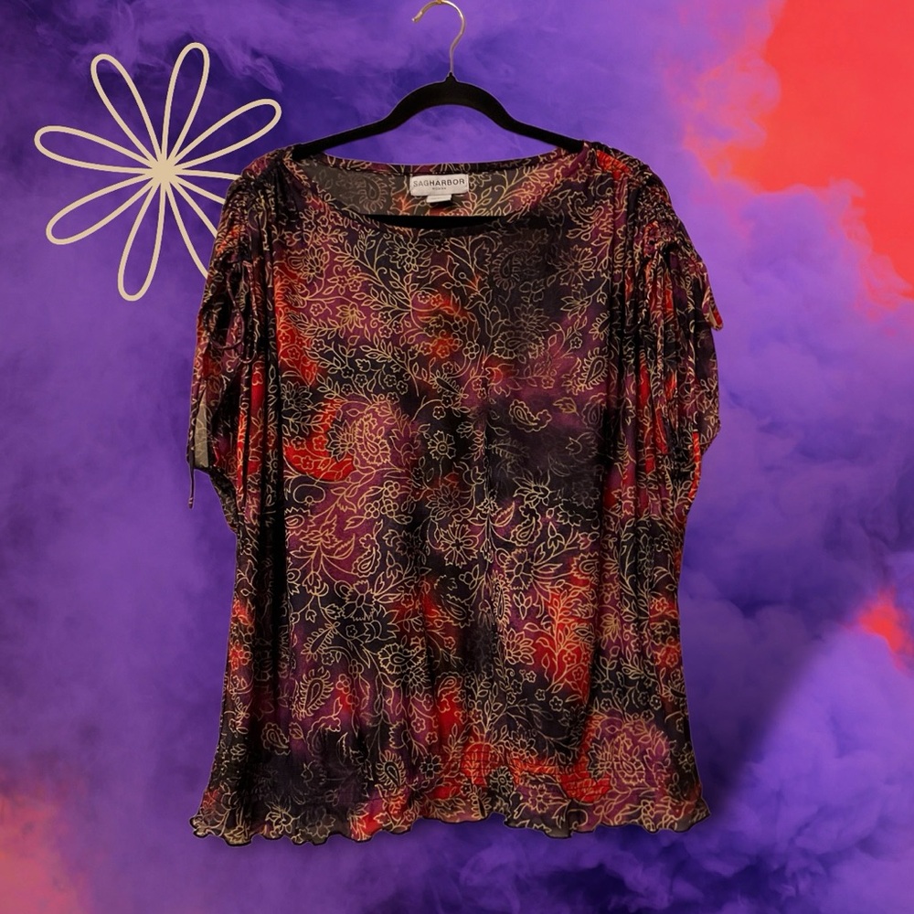 Sag Harbor Woman Purple/Black/Red w/Tan Sketch Floral/Paisley Print Top
